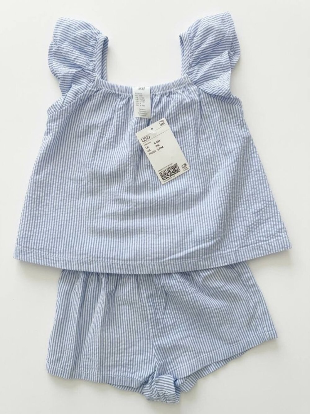 H&M Baby Girl 9M 2pc Set Blue Striped Seersucker Puff Sleeve Top Shorts